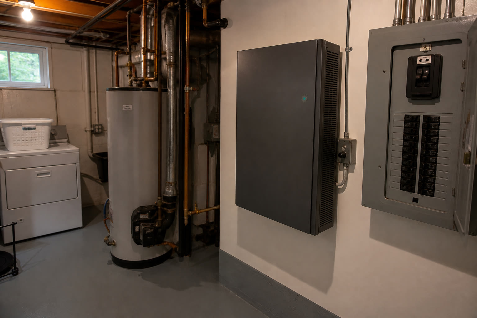 Wall-mounted home battery cabinet in a basement utility room next to an open breaker panel and a water heater.