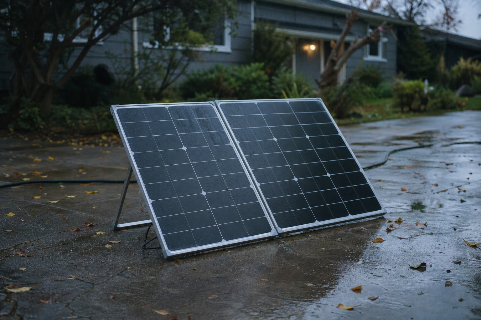 Two folding portable solar panels on kickstands on a wet concrete driveway with fallen leaves.