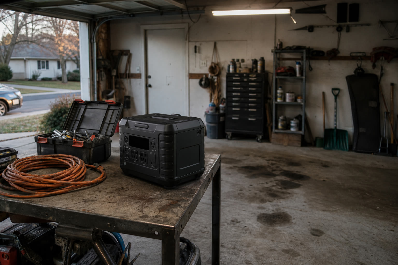 A portable power station on a scratched metal garage workbench beside an open toolbox and an orange extension cord, garage door open to a suburban street at dusk.