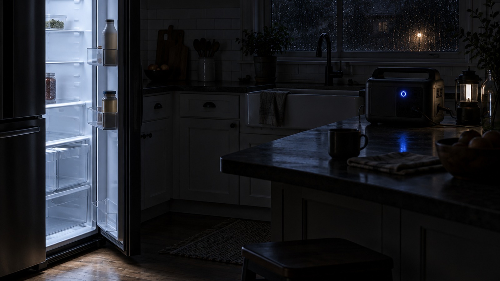 Open fridge lit during an outage with a portable power station on the kitchen island.