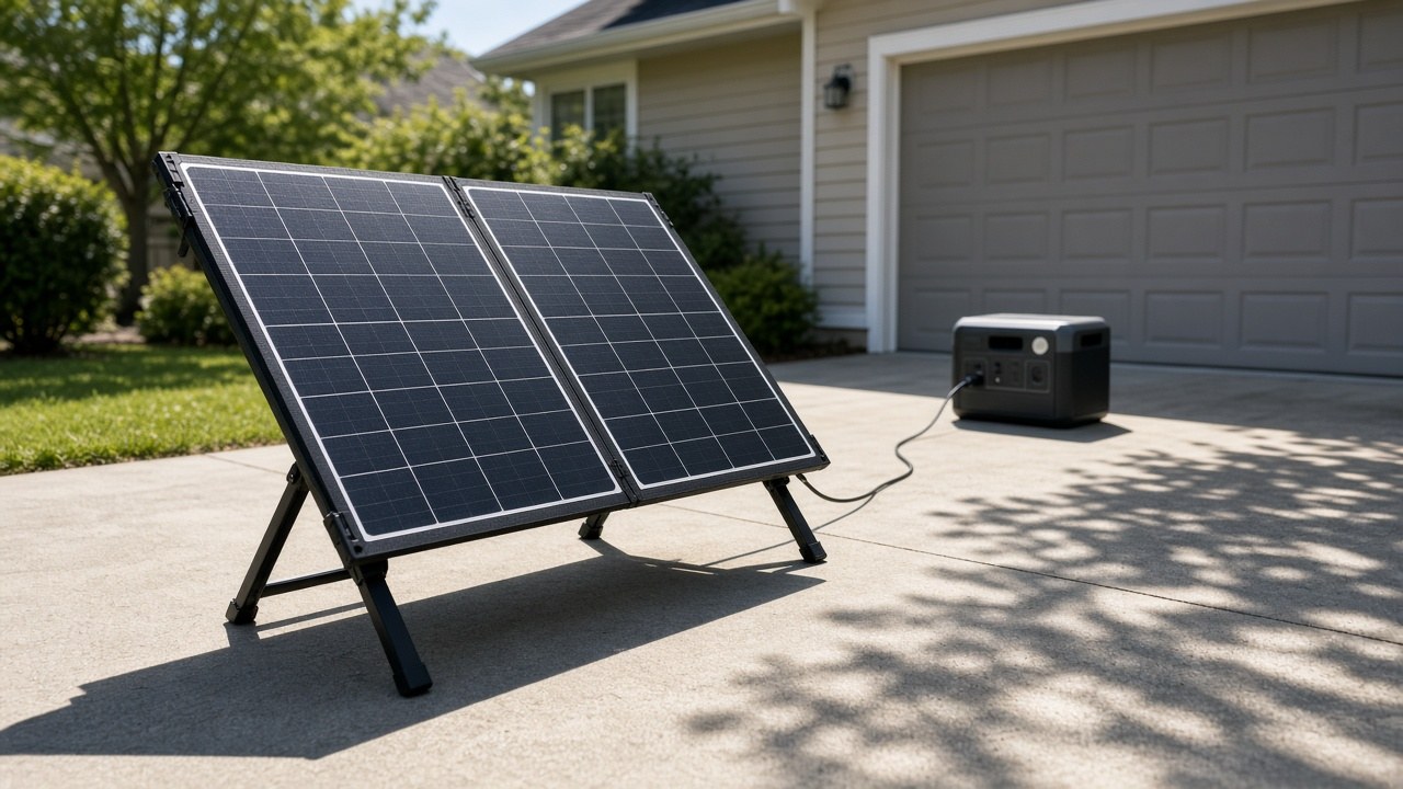 Folding portable solar panel on a driveway charging a power station in sunlight.