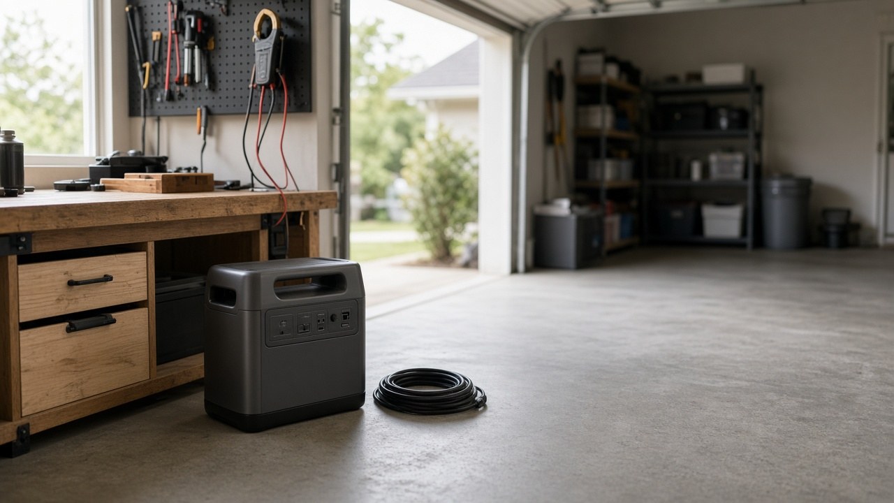 Daylit garage with a portable power station on the floor beside a workbench and clamp meter.