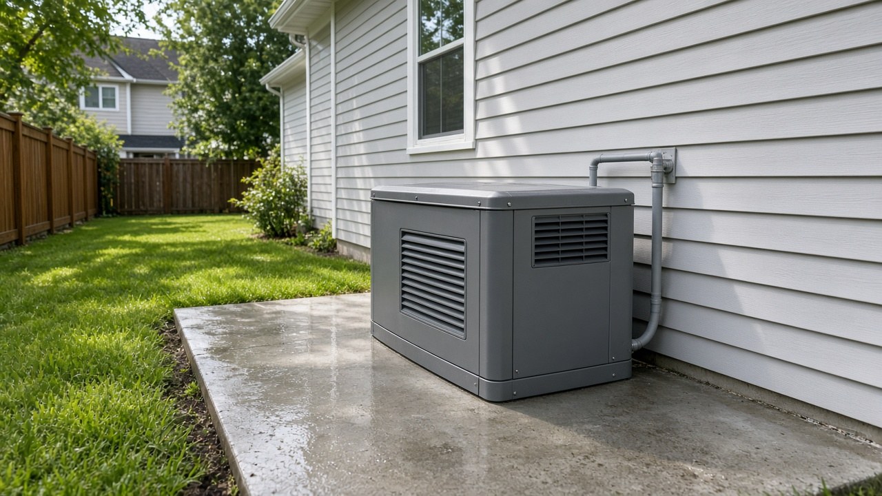 Standby generator on a concrete pad beside a house in daylight.
