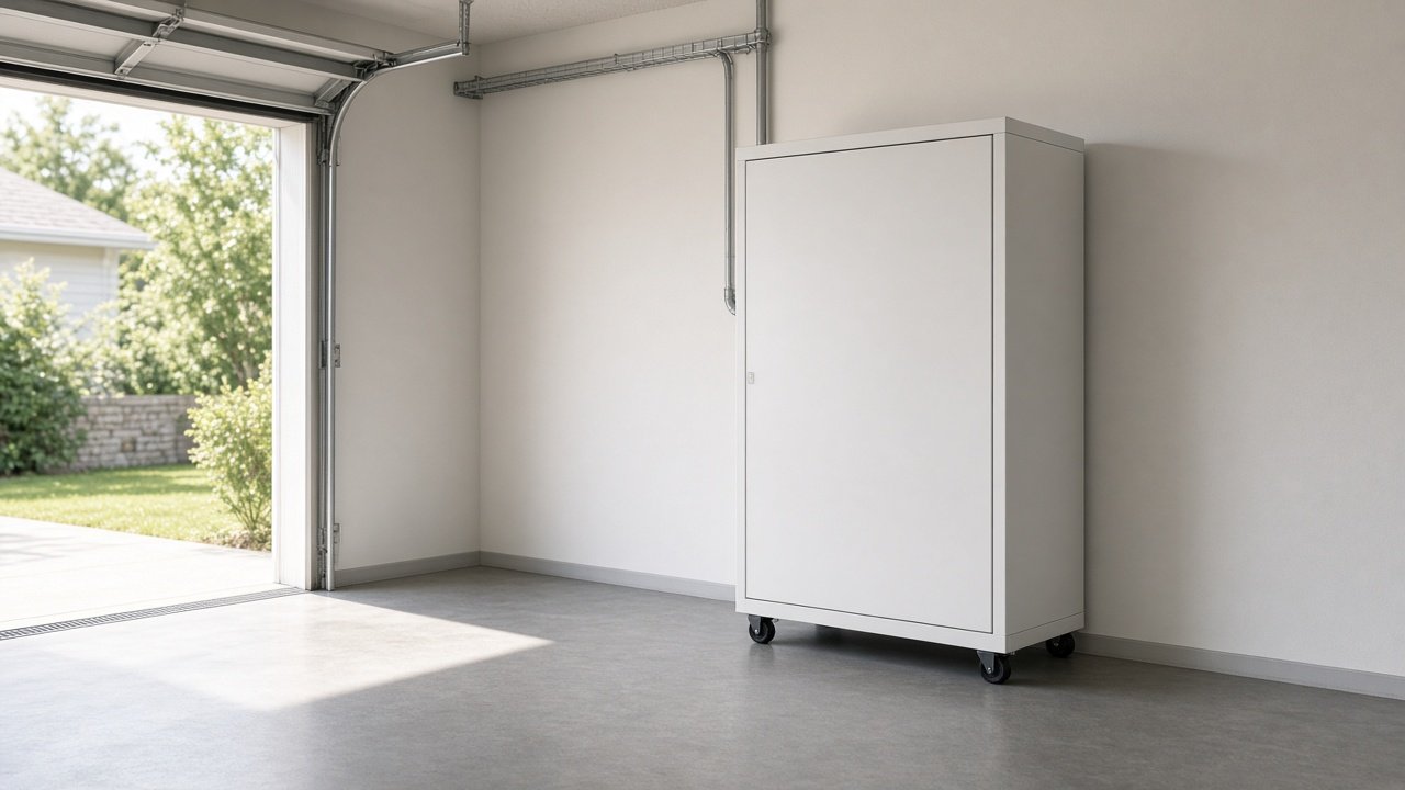 Large home-battery cabinet on casters in a clean garage corner with neat conduit and daylight from an open door.