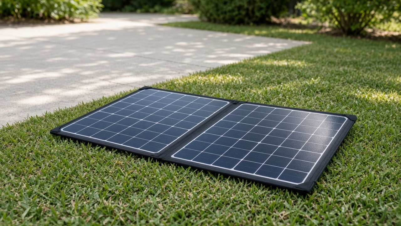 Folding portable solar panel on a sunny lawn edge with an empty driveway soft in the background.