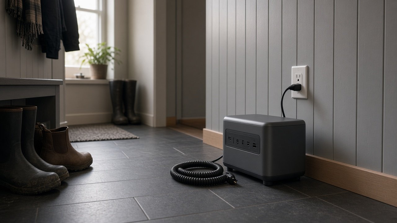 Generic charcoal portable power station on a mudroom floor beside boots, coiled cord, and a wall outlet.