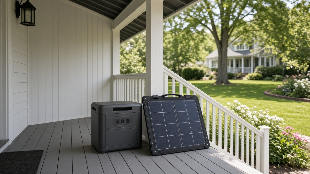 Portable solar generator and folding panel on a porch during daylight.