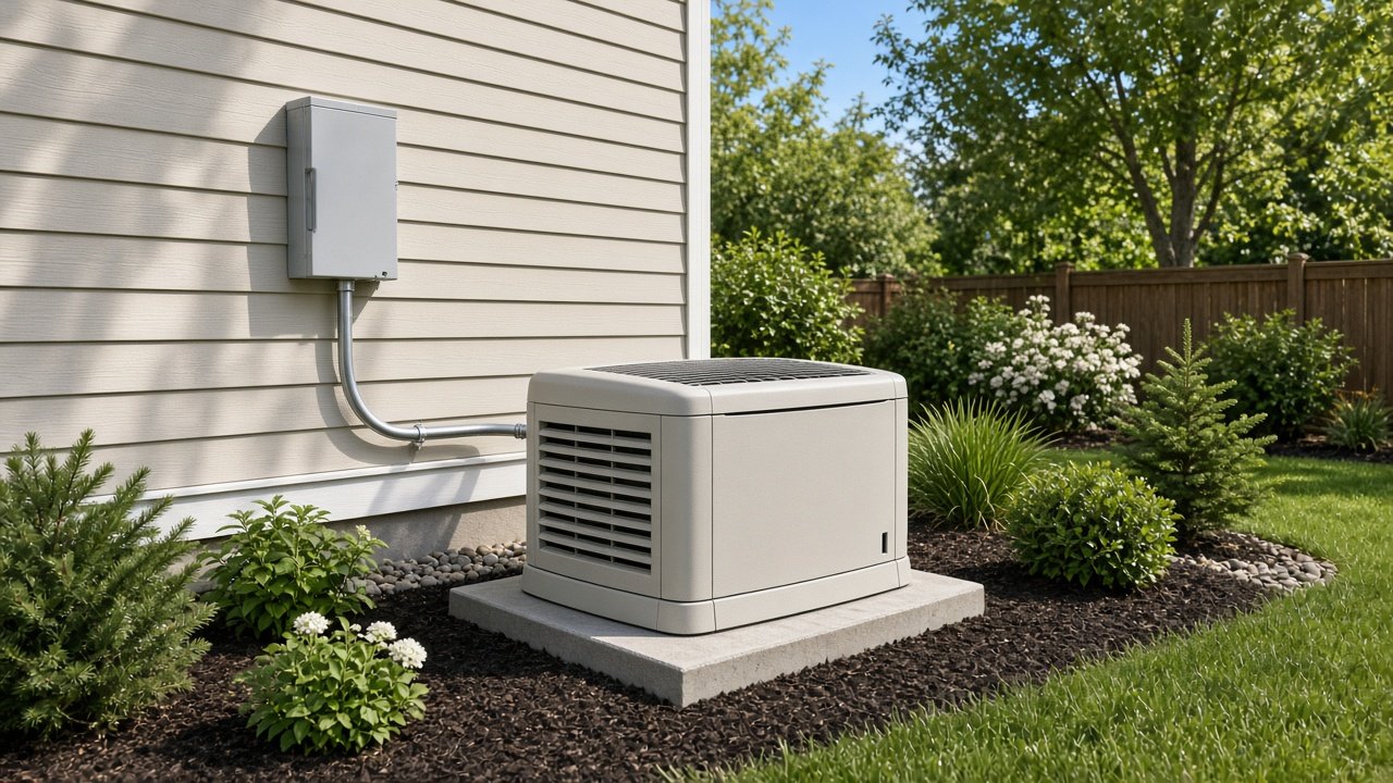 Standby generator on a pad with an automatic transfer switch box on the exterior wall and conduit between them.