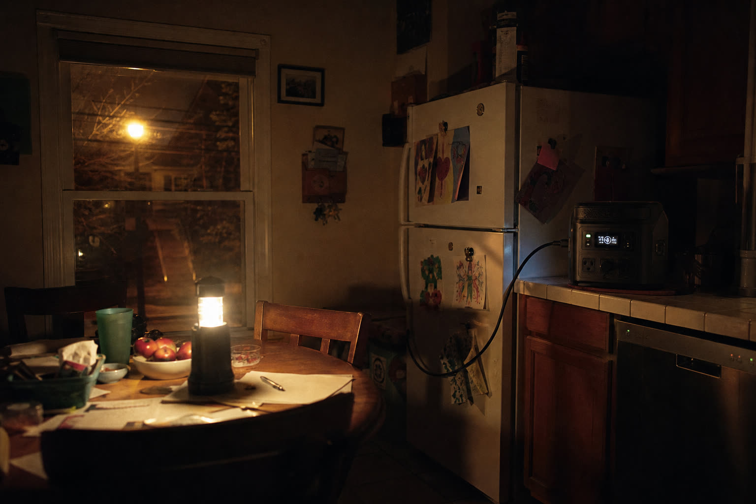 Kitchen at night: a portable power station on the counter with its display on, a cable running to a refrigerator, lantern on the table.