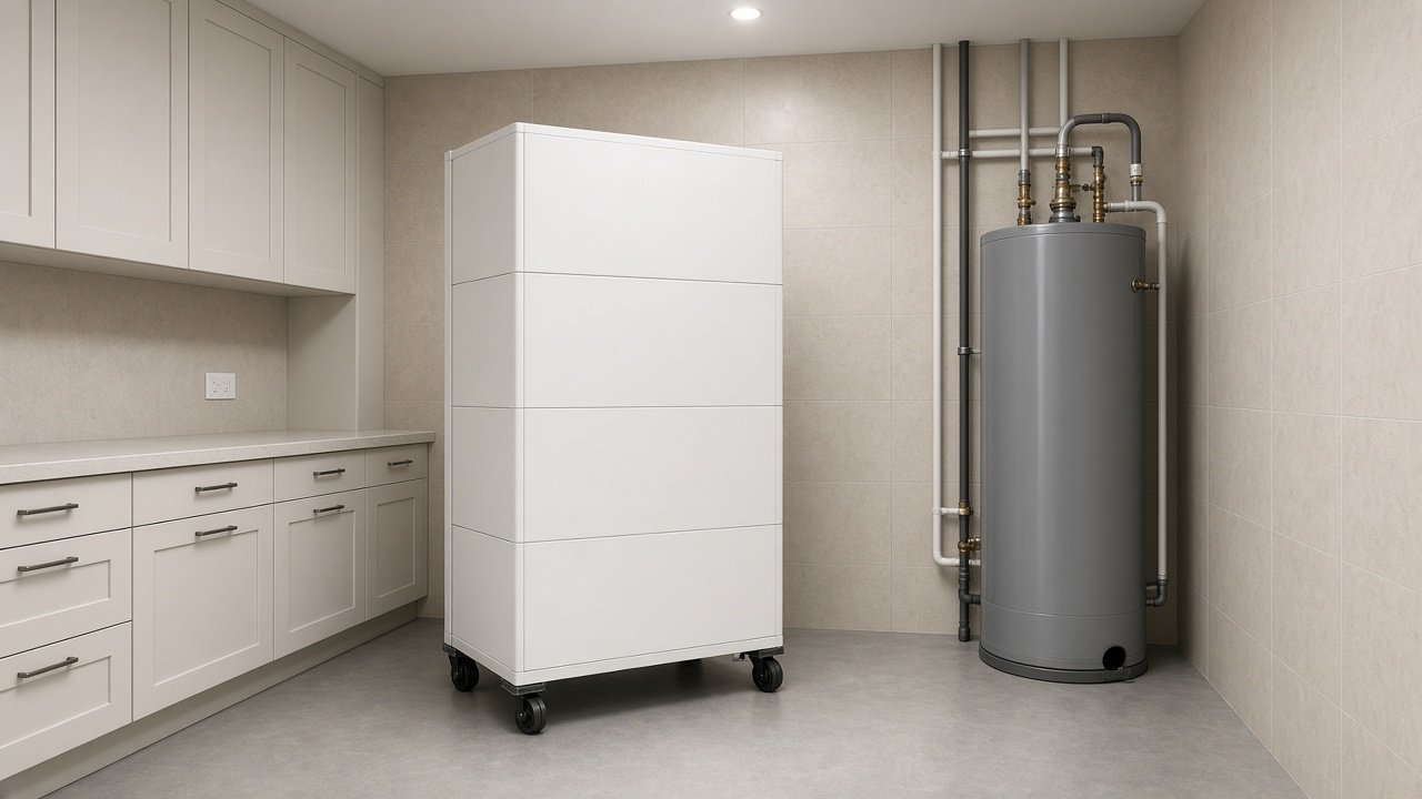 Tall expandable home-battery cabinet on casters in a finished utility room beside a water heater.