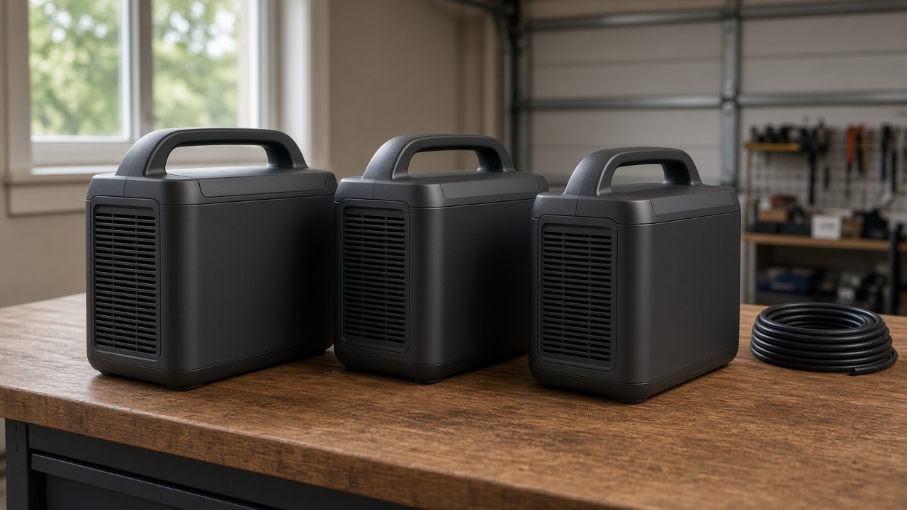 Three portable power stations on a garage workbench, photographed from a rear-side angle.