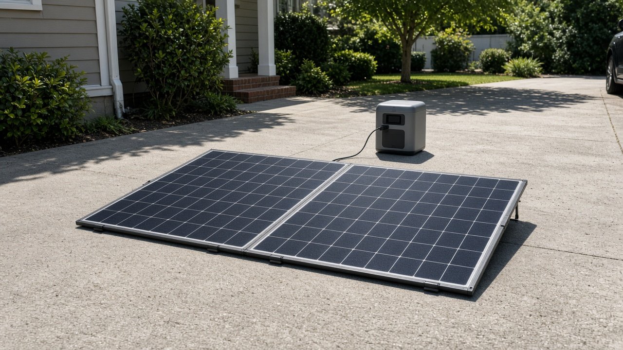 Folding portable solar panel on a residential driveway connected to a generic power station in daylight.