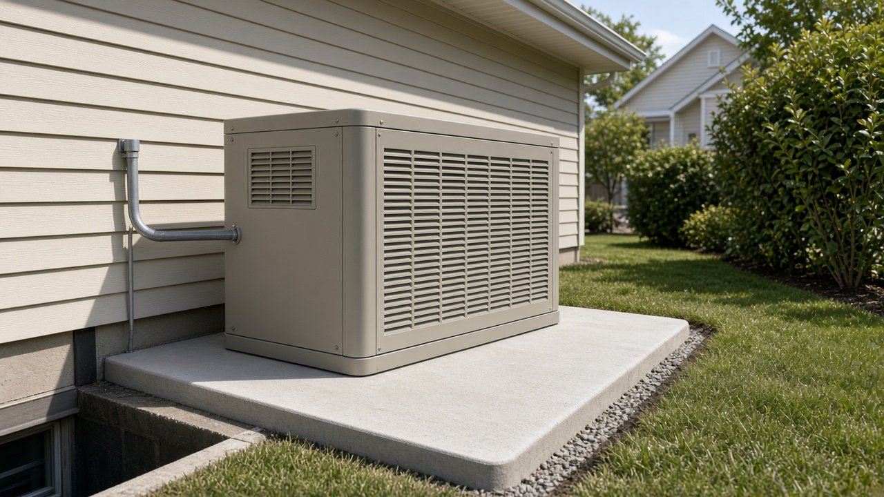 Air-cooled standby generator on a concrete pad beside house siding with a short conduit run, mid-day.