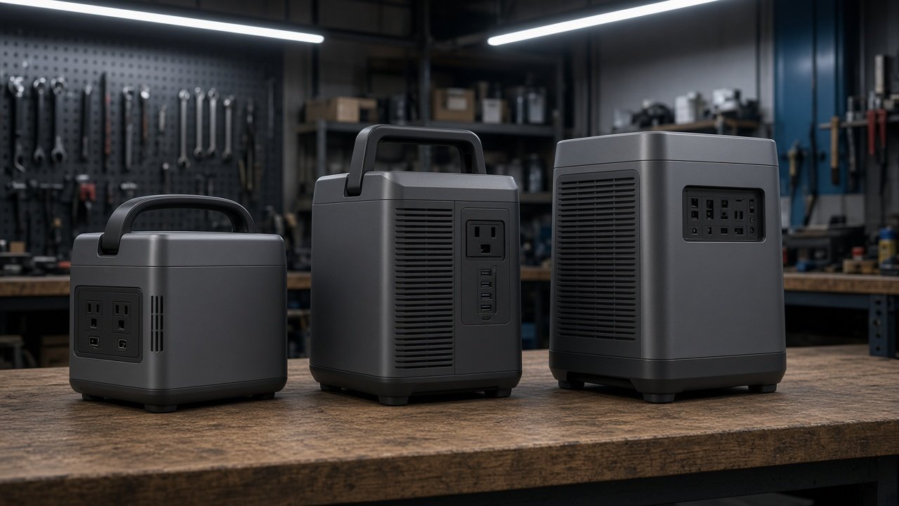 Three generic portable power stations of different silhouettes side by side on a workshop bench under shop lights.