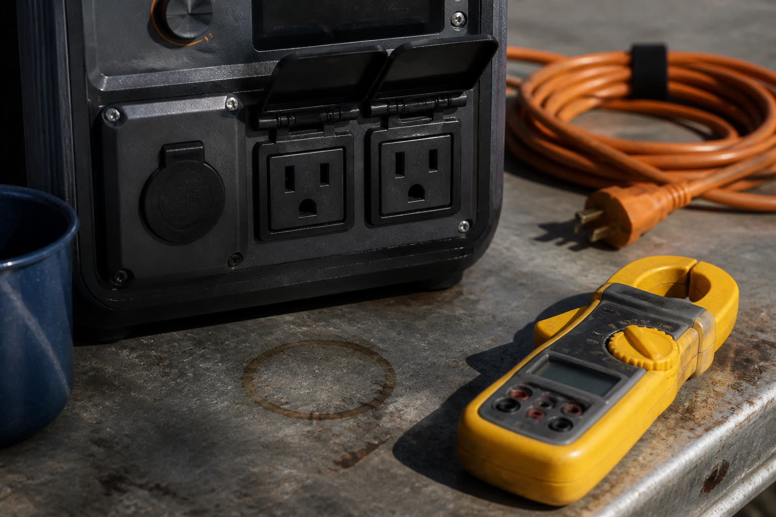 Close-up of a portable power station’s AC outlets and 12-volt port on a scratched metal bench, with a yellow clamp meter and an orange extension cord.