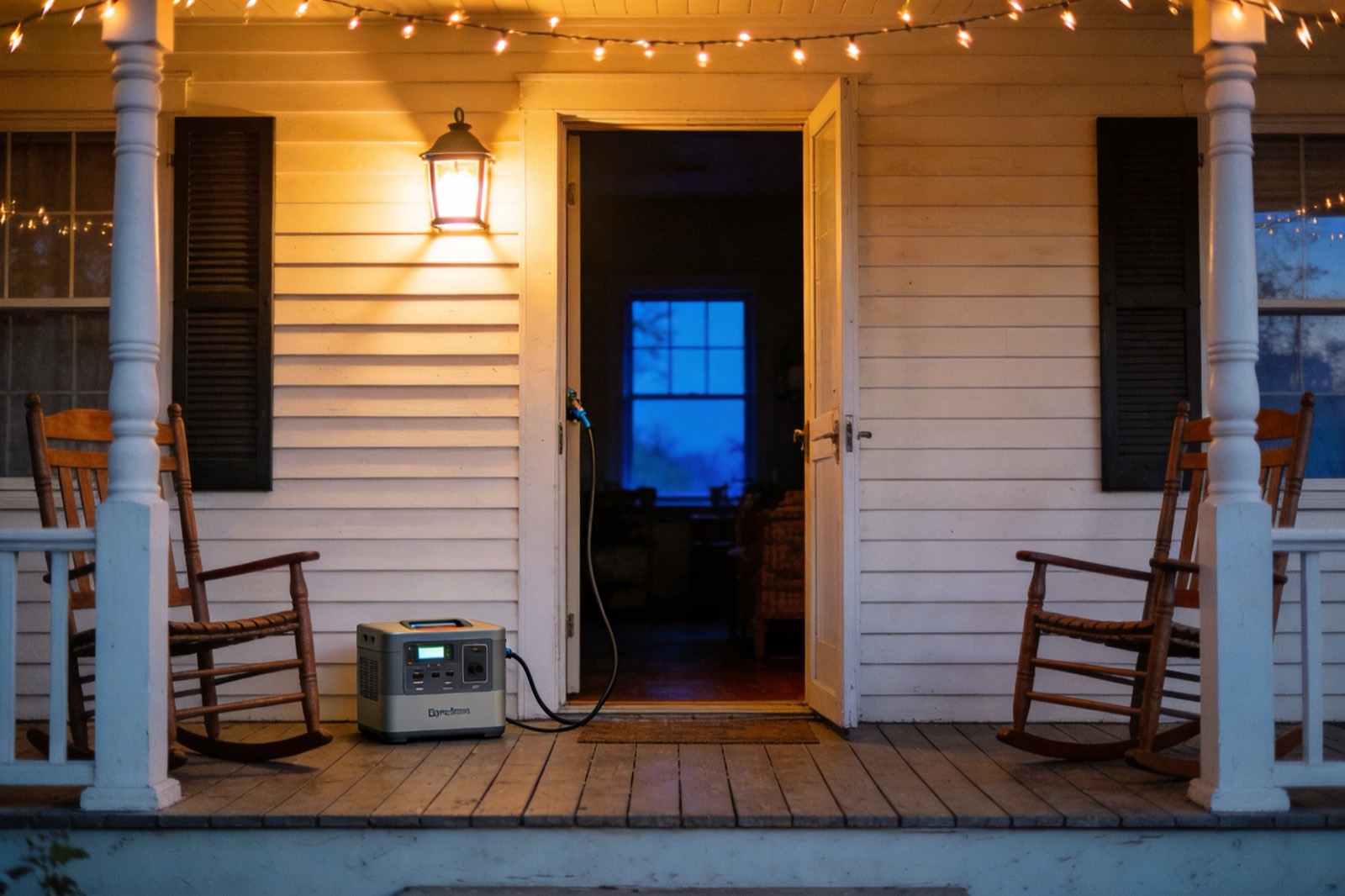 A portable power station on a covered porch at dusk, its output cord running through the open front door into an unlit house.