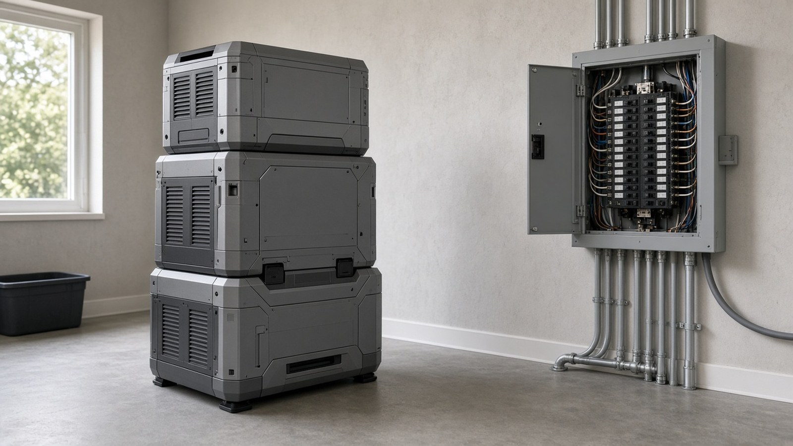 A stacked home battery standing in a utility room beside an open electrical panel.