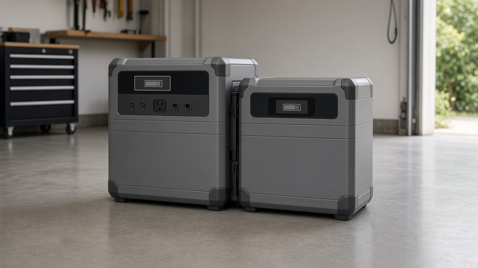 Extra battery module stacked beside a portable power station on a clean floor.