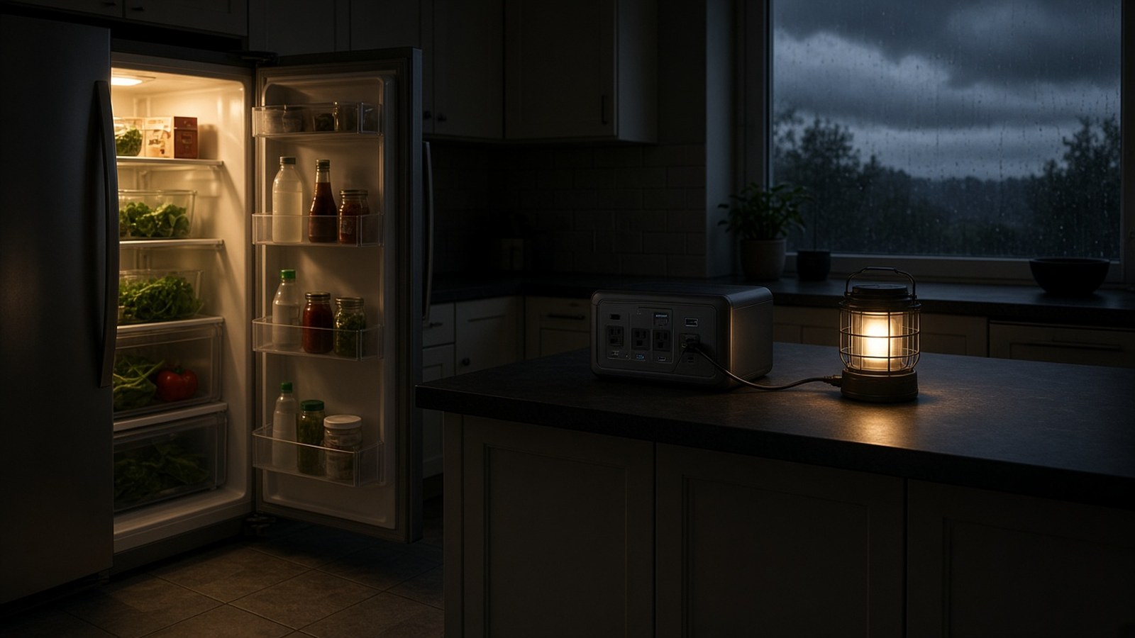 Open refrigerator lit by a portable power station and lantern during an outage: cord to the station, not the wall.