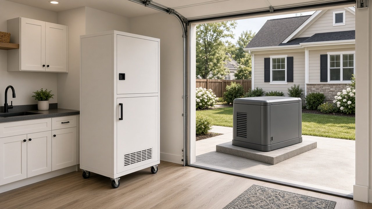 Indoor utility battery cabinet and outdoor standby generator on a pad seen through an open garage door.