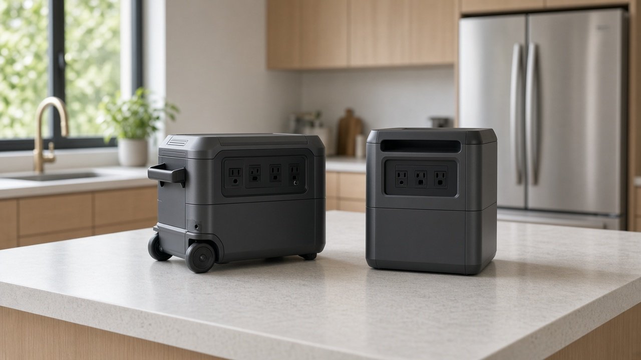 Two different generic portable power stations side by side on a kitchen island in daylight.