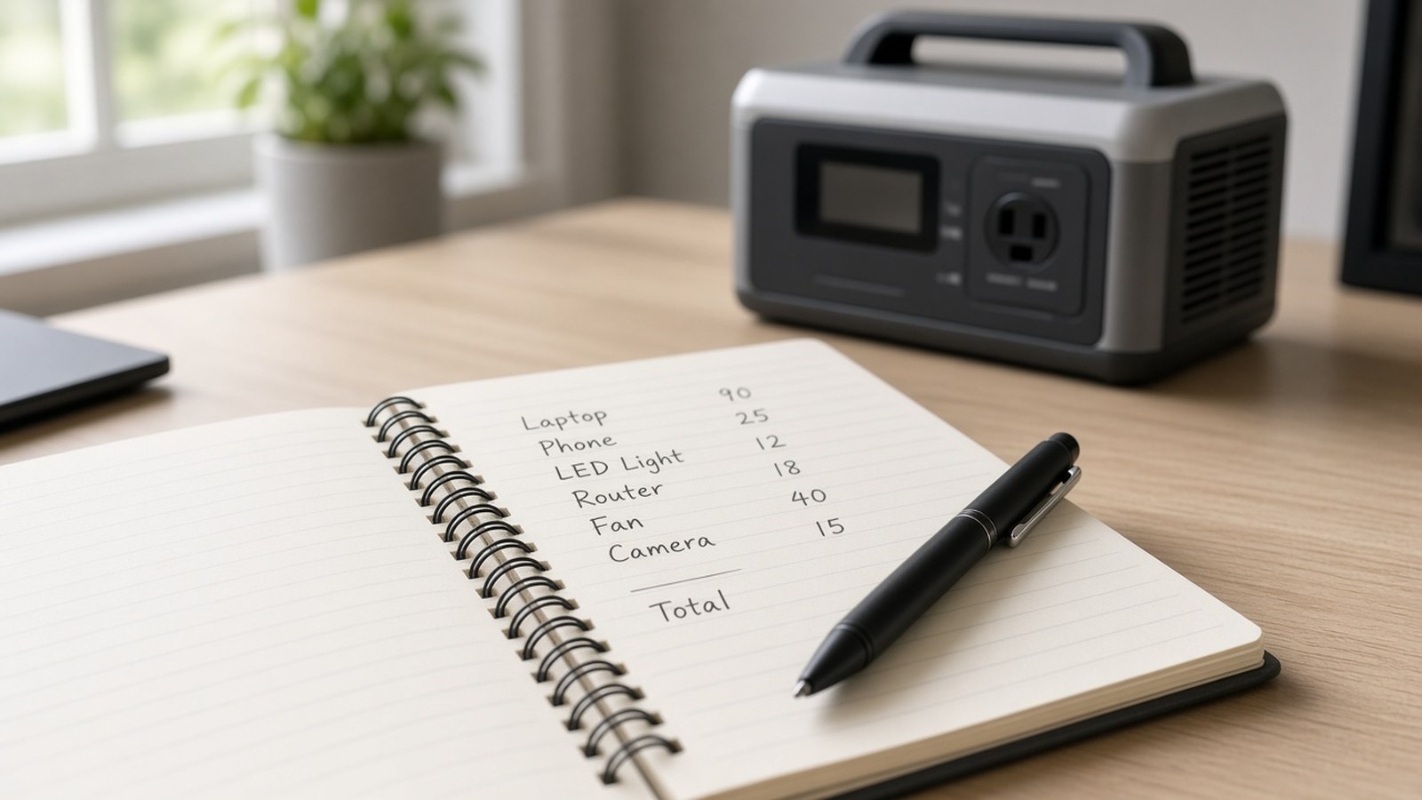 Desk notepad with watt labels beside a portable power station in soft background light, set up as a sizing worksheet scene.