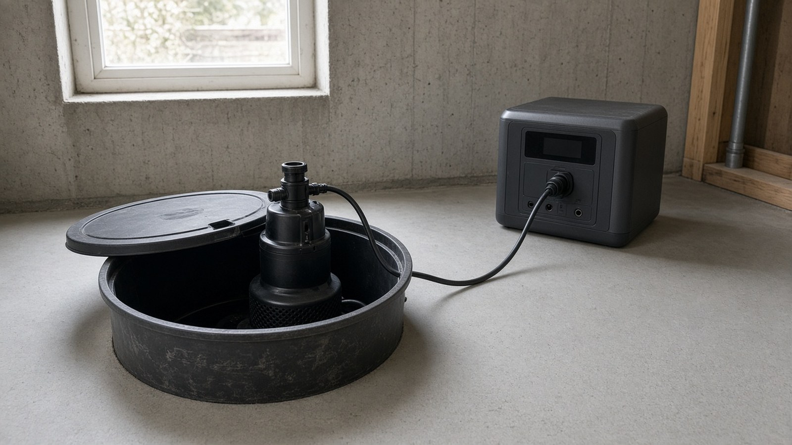 Basement sump crock beside a portable power station on a dry floor with neat plumbing.
