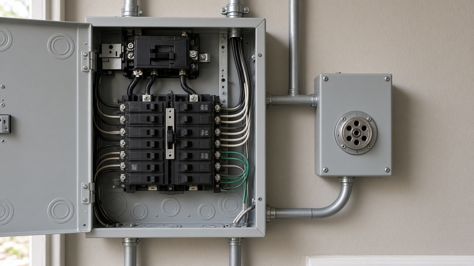 Electrical panel with an interlock/transfer switch and inlet box: no fused metal or backfeed cord.