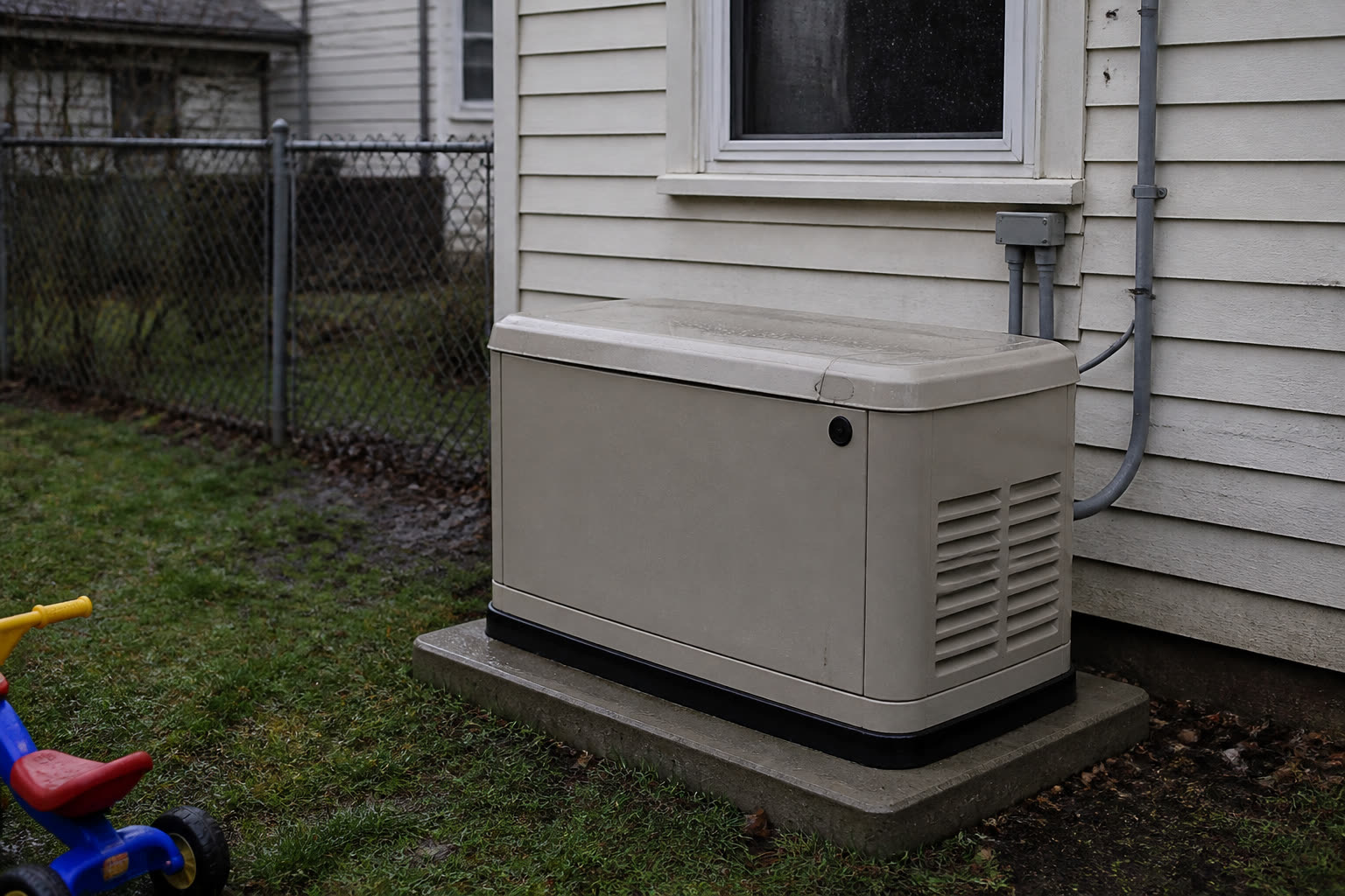 Beige standby generator on a wet concrete pad beside white house siding, with conduit running to a junction box.