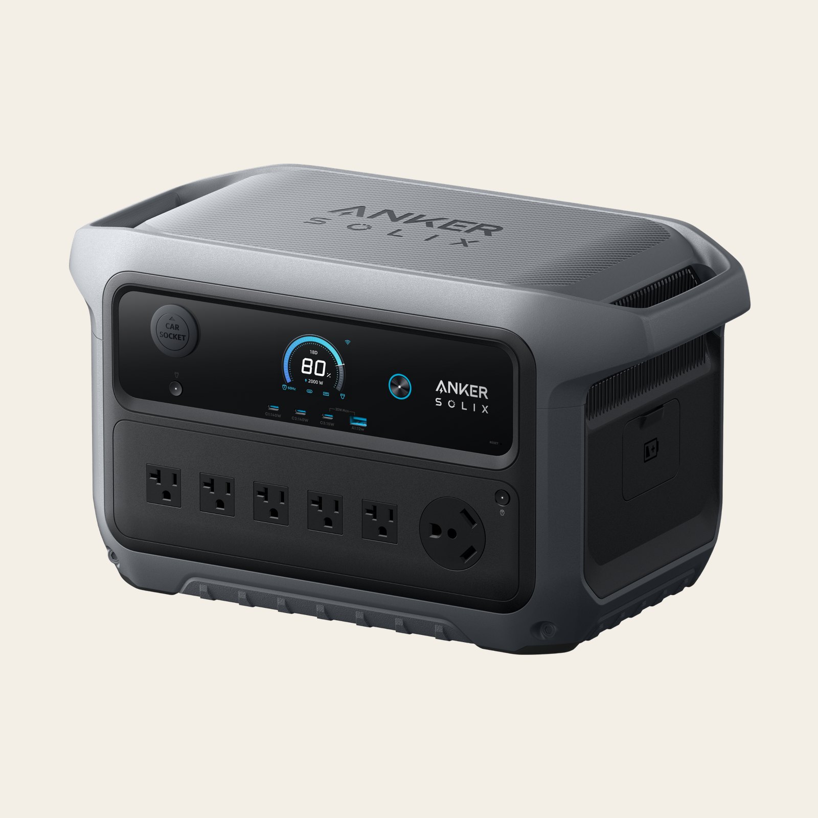 Official Anker SOLIX studio photo of the C2000 Gen 2 portable power station, two-tone gray case with dual top handles, color display, and a row of AC outlets.