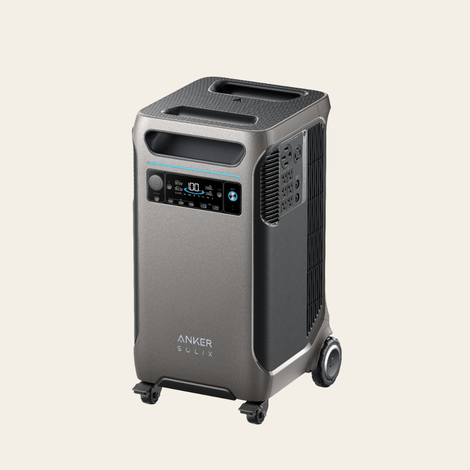 Official Anker SOLIX studio photo of the F3800 portable power station, tall gray wheeled cabinet with casters, front display, and side AC panel.