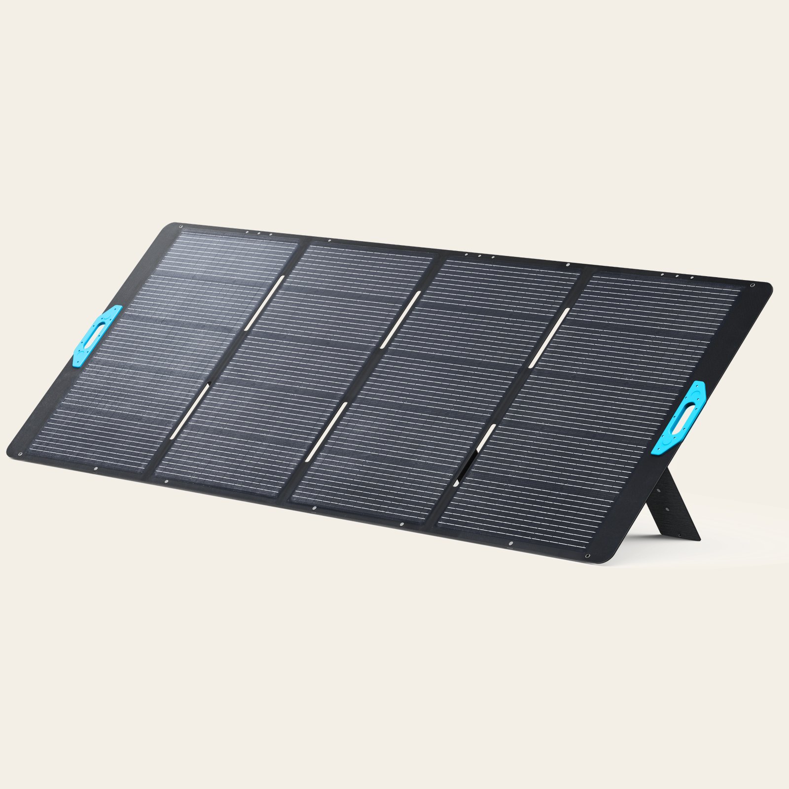 Official Anker SOLIX studio photo of the PS400 400W folding solar panel, four dark cells with bright blue end handles and kickstands.