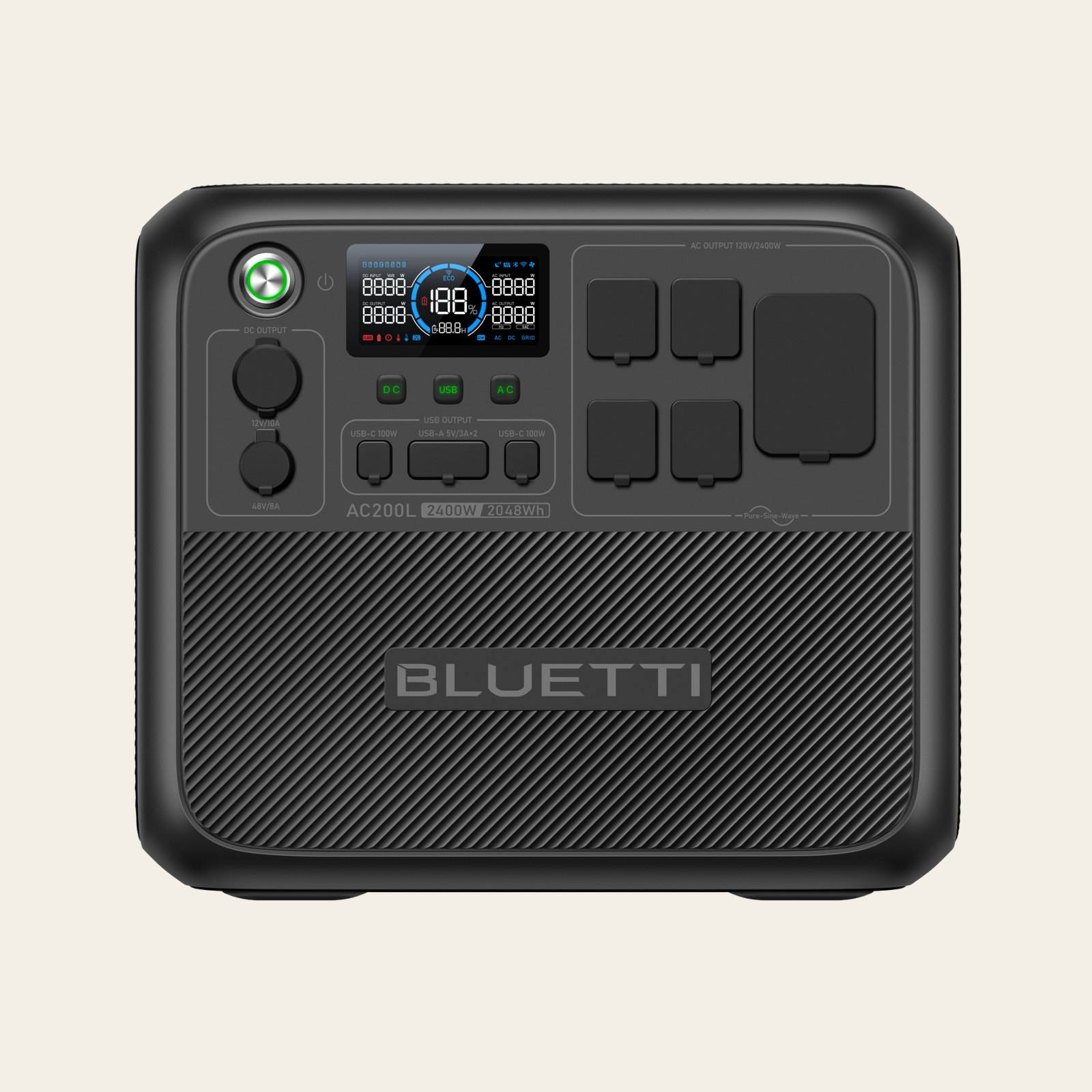 Official BLUETTI studio photo of the AC200L portable power station, charcoal case with ribbed lower panel, LCD at 100 percent, AC outlets on the right.