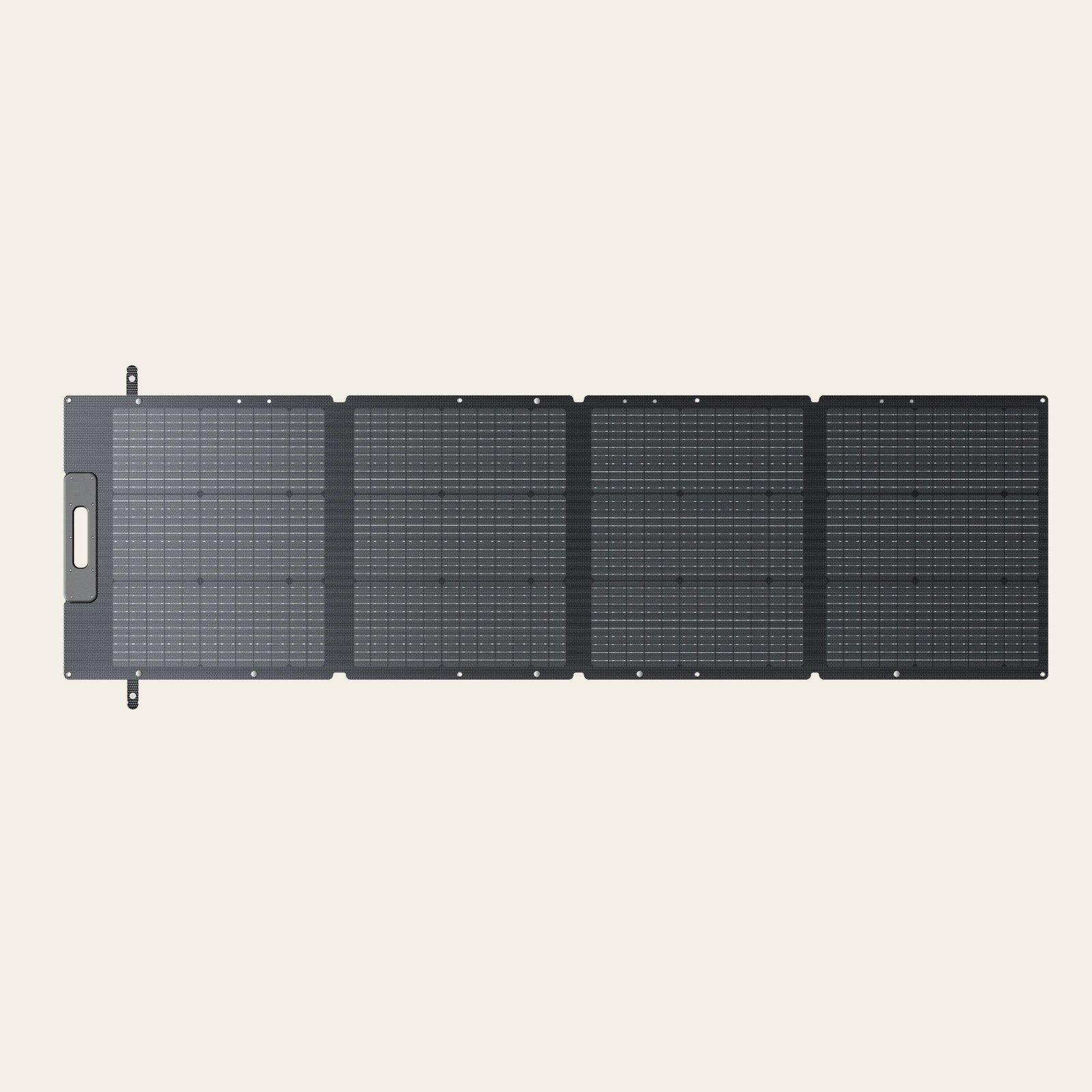 Official BLUETTI studio photo of the 200W portable folding solar panel, four black cells with an integrated handle and grommets along the edges.