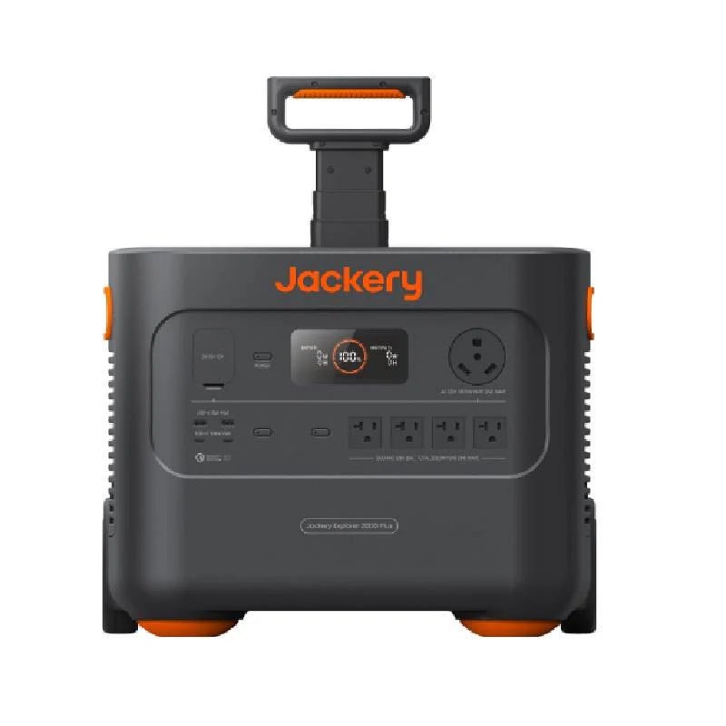 Official Jackery studio photo of the Explorer 2000 Plus portable power station, dark gray wheeled case with orange handle and feet, front display at 100 percent.